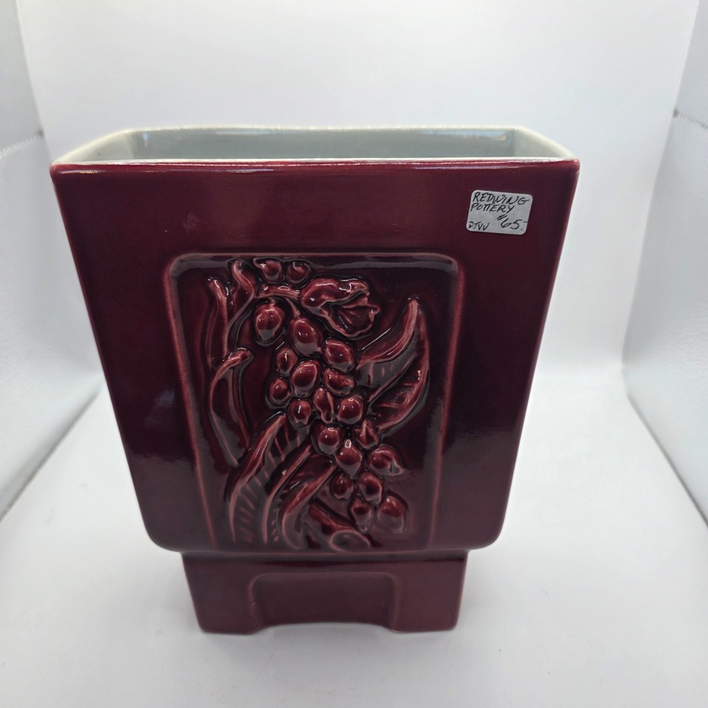 Vintage Red Wing Pottery B2001 Maroon Burgundy Floral Vase Planter MCM USA